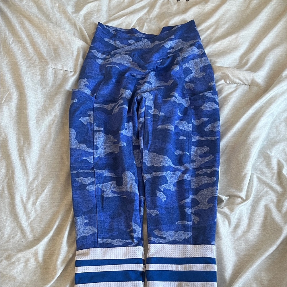 Girls' Blue Camo Athletic Leggings with Stripe Cuffs